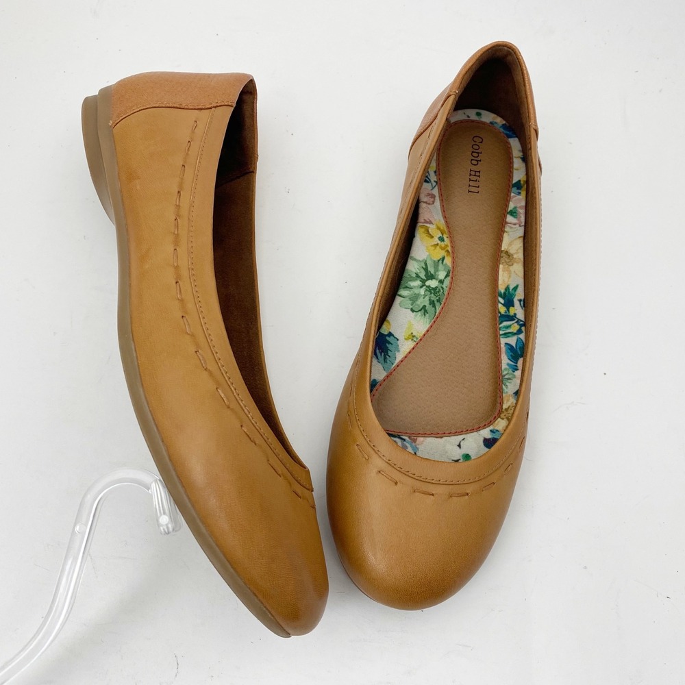 Cobb‎ Hill Maiika Leather Whipstitch Floral Lining Ballet Flats Womens 8.5M Tan